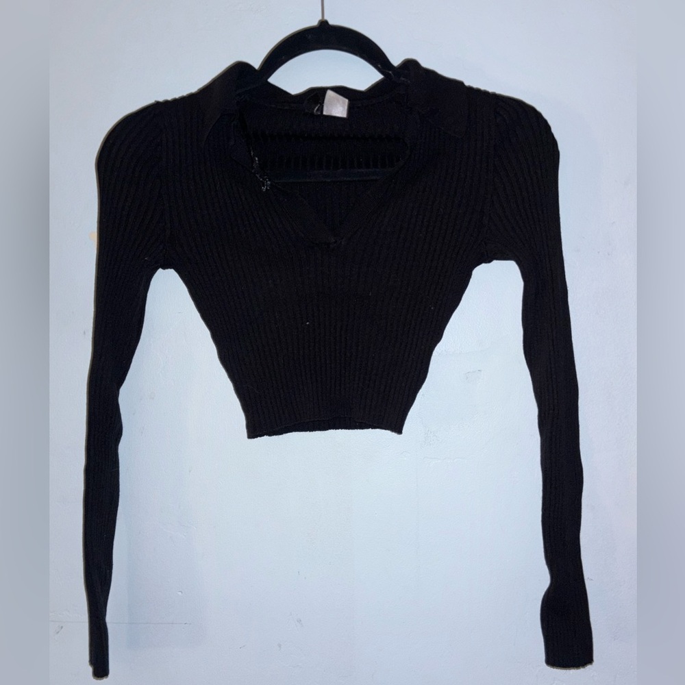 Divided Black Fitted Polo Collar Crop Bodysuit